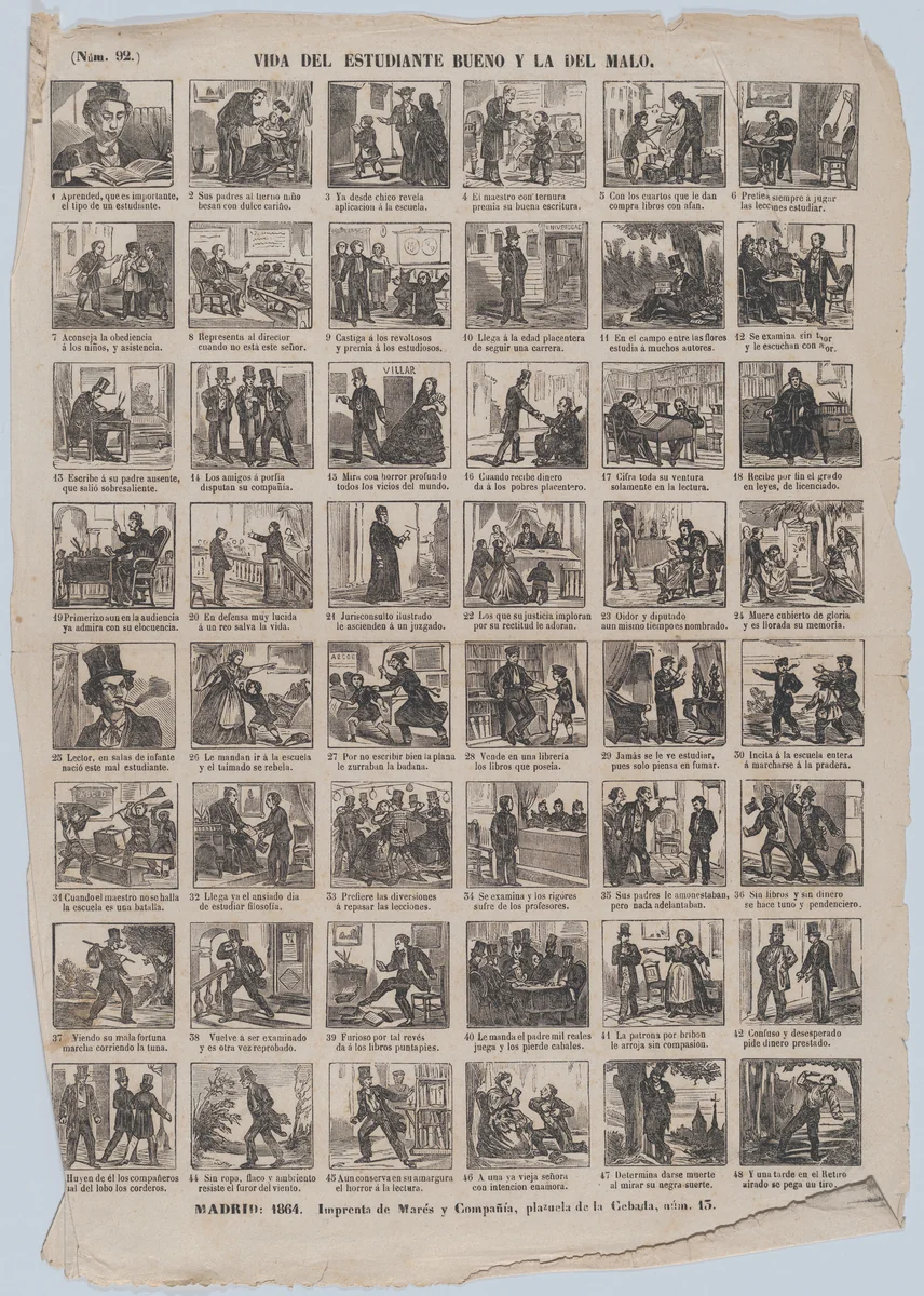 Broadside with 48 scenes relating to the lives of the good student and the bad student by José María Marés, print, 1864