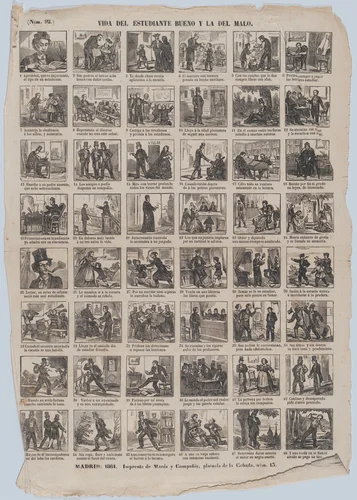 Broadside with 48 scenes relating to the lives of the good student and the bad student by José María Marés, print, 1864