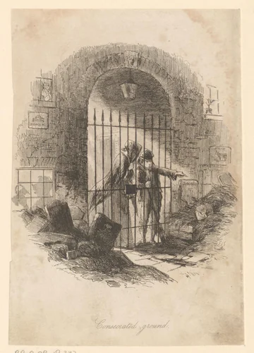Twee figuren kijken door het hek van een begraafplaats by Hablot Knight Browne, print, 1853