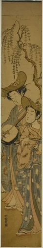 Two Itinerant Musicians under a Willow Tree by Isoda Koryusai, print, 1766-1776