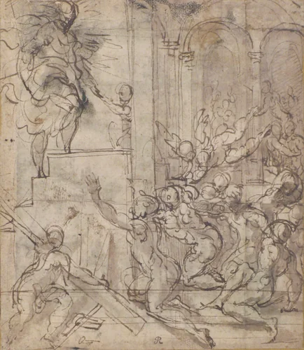 Apparition of Christ (recto); Printed Fragment with Jupiter Enthroned with Eagle, from Caraglio's "Martyrdom of Saint Peter and Saint Paul" (verso) by Parmigianino, drawing, 1524-1527