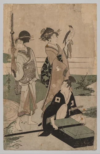 Daimyō and his Retinue Crossing a Stream in Plain Near Fuji by Kitagawa Utamaro (喜多川歌麿), print, 1753-1806