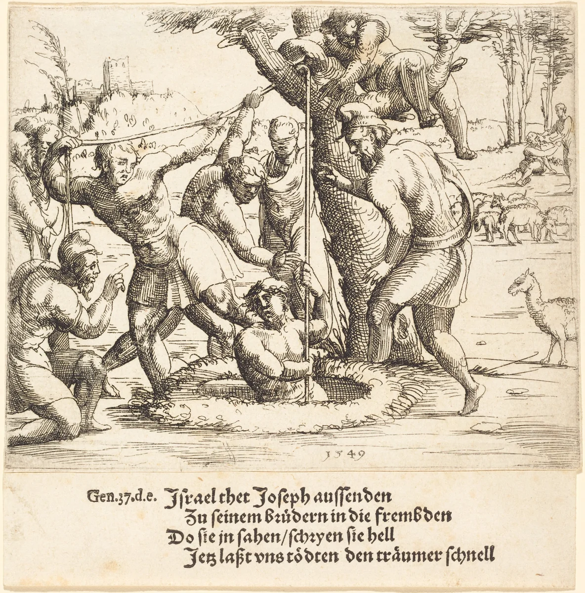 Joseph Thrown into the Well by Augustin Hirschvogel, print, 1549