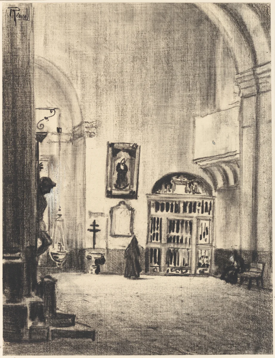 The Baptismal Font of Cervantés, Santa Maria la Mayor, Alcalá by Joseph Pennell, drawing, 1898-1908
