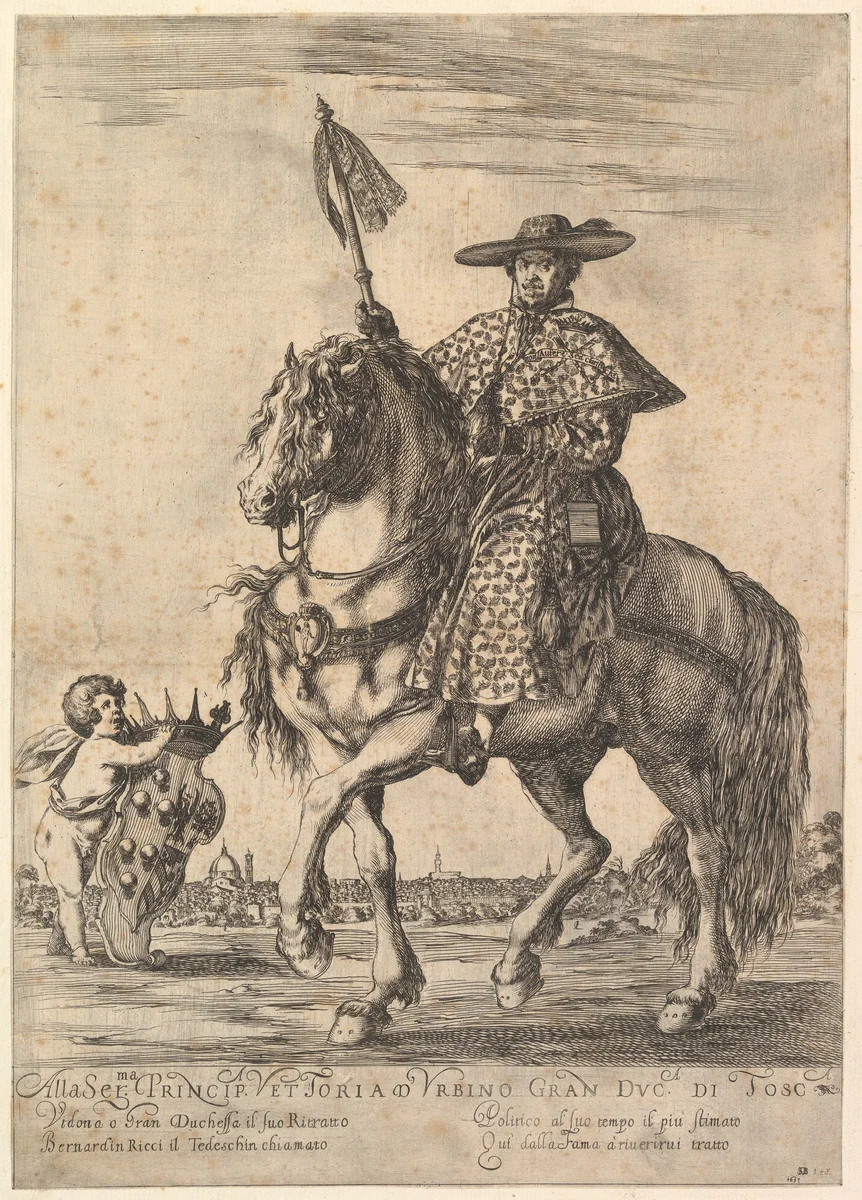 Bernardino Ricci, called il Tedeschino, atop a horse in center, riding towards the left, wearing a long robe, a cape, and a hat, holding a staff in his right hand, a putto holding the Medici coat of arms at bottom left, Florence in the background by Stefano della Bella, print, 1637