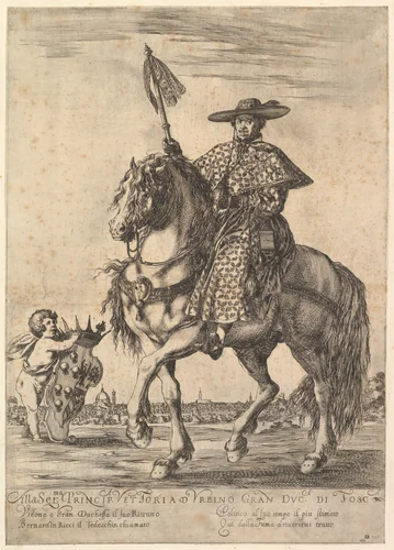 Bernardino Ricci, called il Tedeschino, atop a horse in center, riding towards the left, wearing a long robe, a cape, and a hat, holding a staff in his right hand, a putto holding the Medici coat of arms at bottom left, Florence in the background by Stefano della Bella, print, 1637