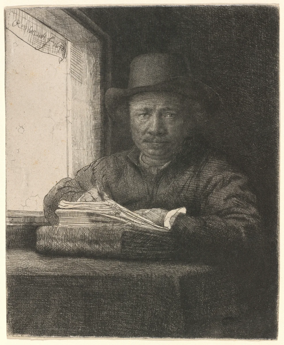 Self-Portrait Drawing at a Window by Rembrandt van Rijn, print, 1648