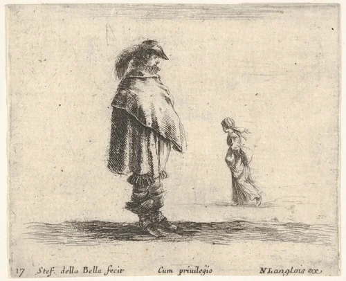 Plate 17: a man wearing a plumed hat in center facing right, a woman walking towards the left in the background, from "Diversi Capricci" by Stefano della Bella, print, 1644-1647