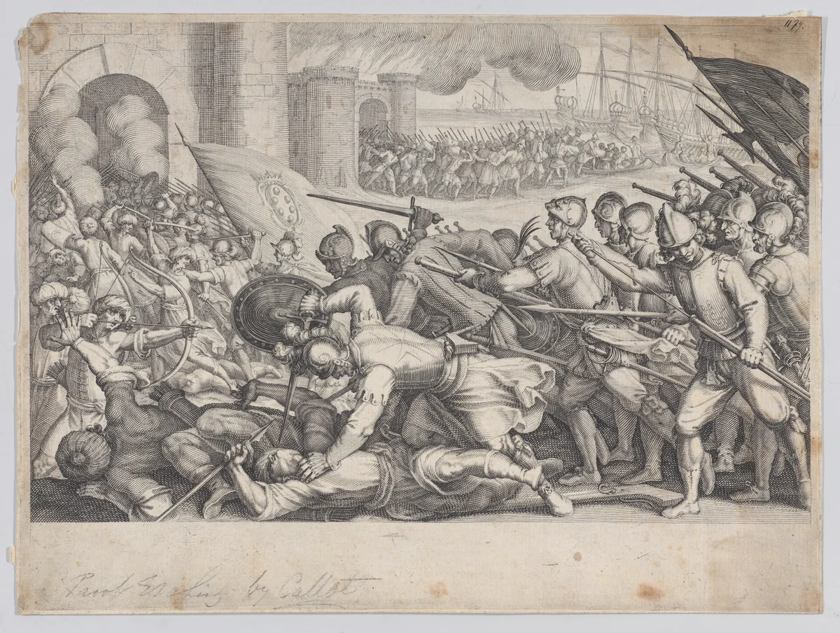 Les Troupes Forcent la Porte d'une Ville (The Troops Force Their Way Through the Gate of a City), from "La Vie de Ferdinand Ier de Médicis série appelée aussi Les Batailles des Médicis" (The Life of Ferdinand I de'Medici also called The Medici Battles) by Jacques Callot, print, 1614-1620
