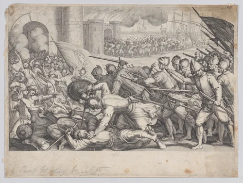 Les Troupes Forcent la Porte d'une Ville (The Troops Force Their Way Through the Gate of a City), from "La Vie de Ferdinand Ier de Médicis série appelée aussi Les Batailles des Médicis" (The Life of Ferdinand I de'Medici also called The Medici Battles) by Jacques Callot, print, 1614-1620