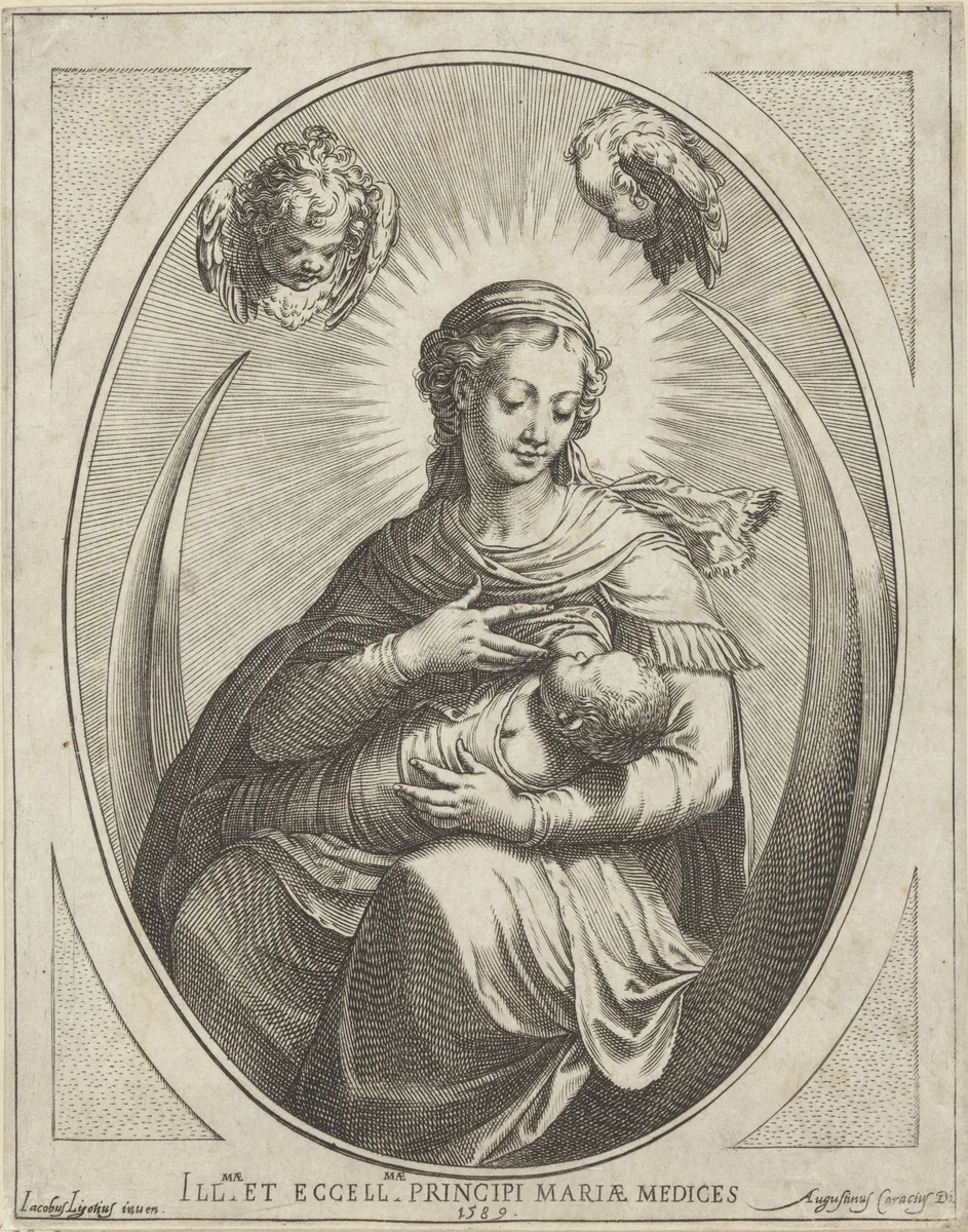 Maria met Kind op maansikkel by Agostino Carracci, print, 1589