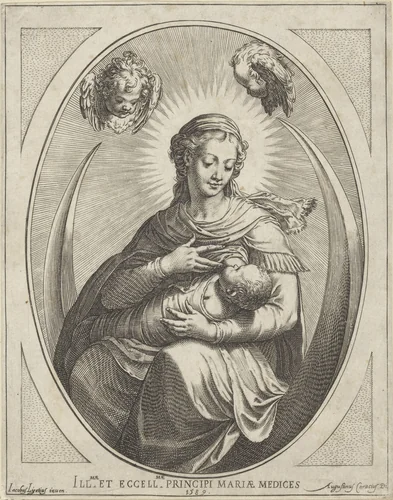 Maria met Kind op maansikkel by Agostino Carracci, print, 1589