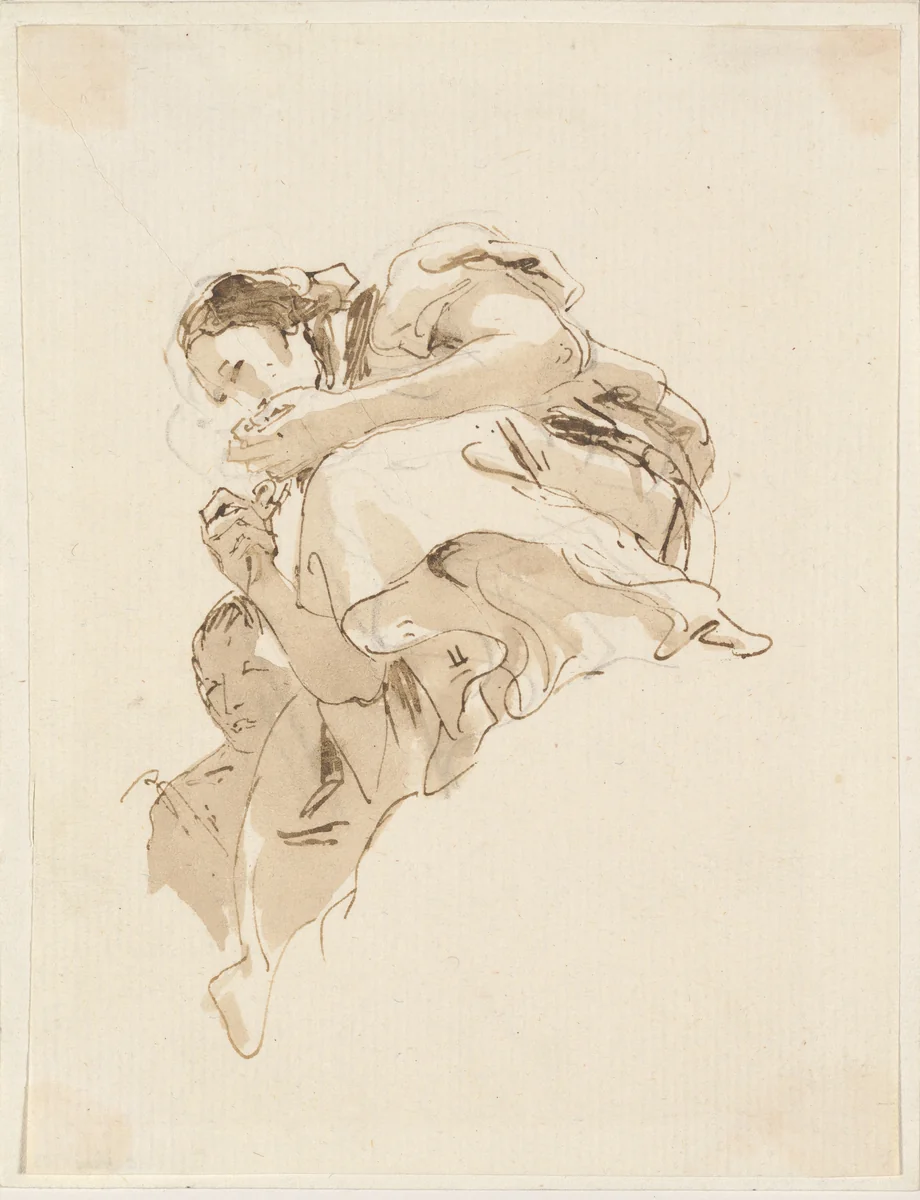 Crouching Woman with a Boy Behind Her by Giovanni Battista Tiepolo, drawing, 1739-1760