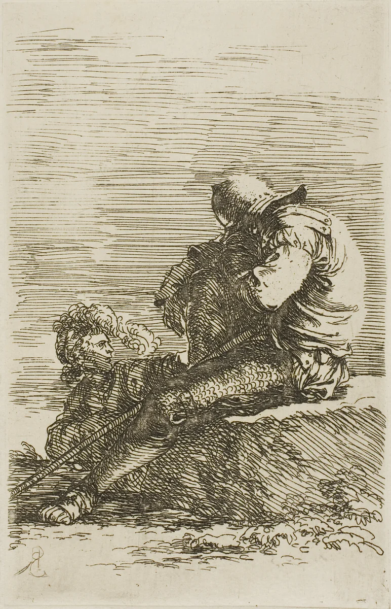 Two warriors, one seated asleep on a foreground rock, from Figurine series by Salvator Rosa, print, 1635-1673
