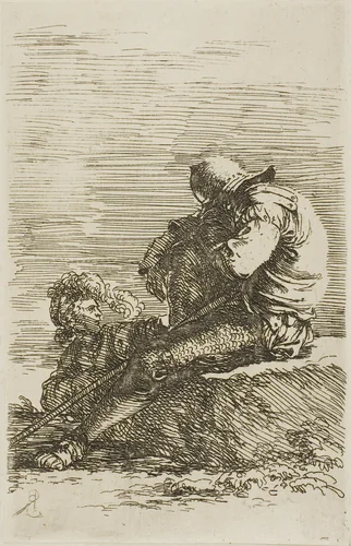 Two warriors, one seated asleep on a foreground rock, from Figurine series by Salvator Rosa, print, 1635-1673