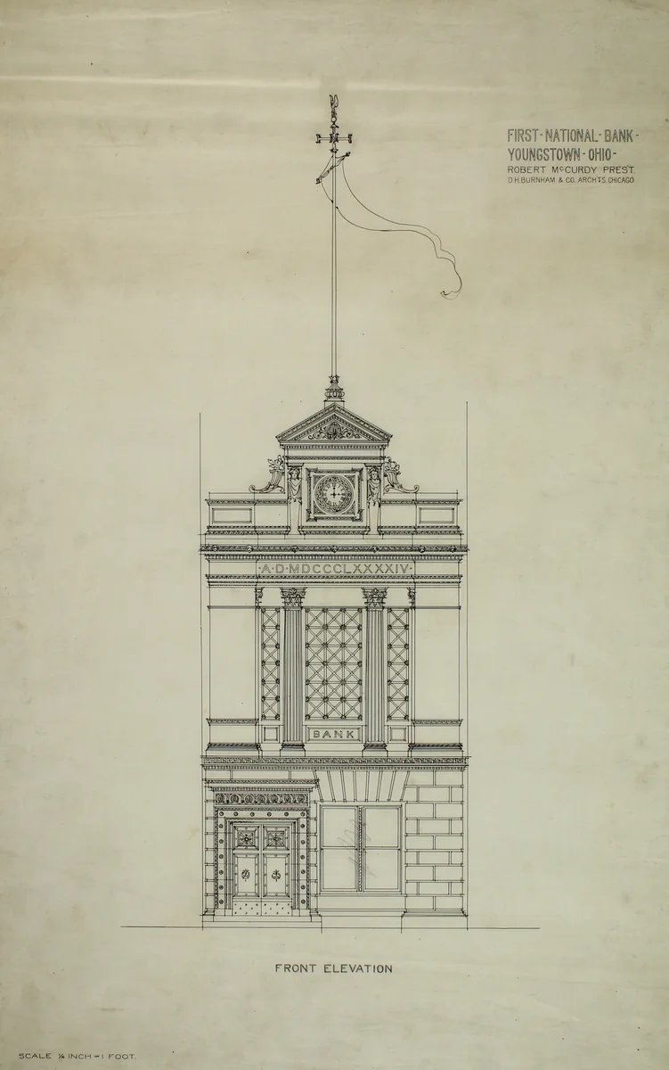 First National Bank, Youngstown, Ohio, Front Elevation by Peter Joseph Weber, drawing, 1889-1899