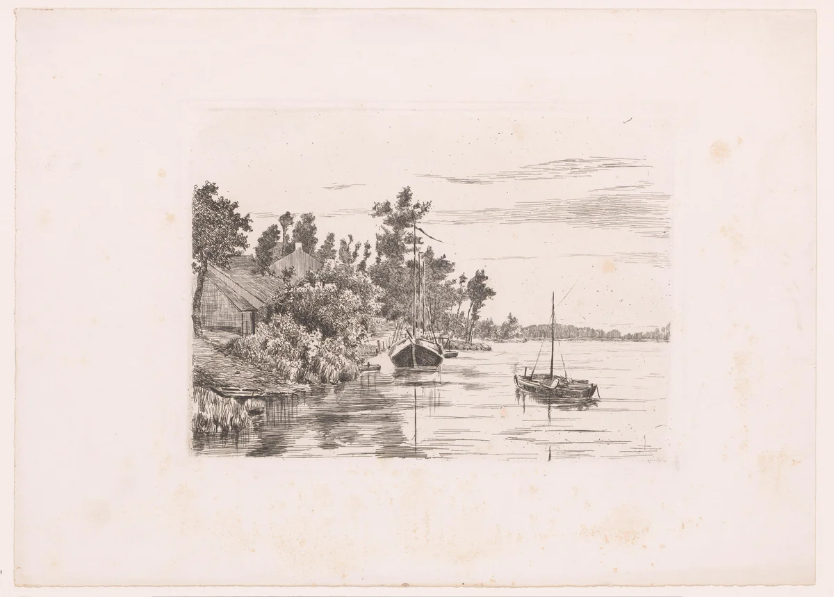 Twee zeilboten in een rivier met aan de oever huizen by Jules Guiette, print, 1862-1901