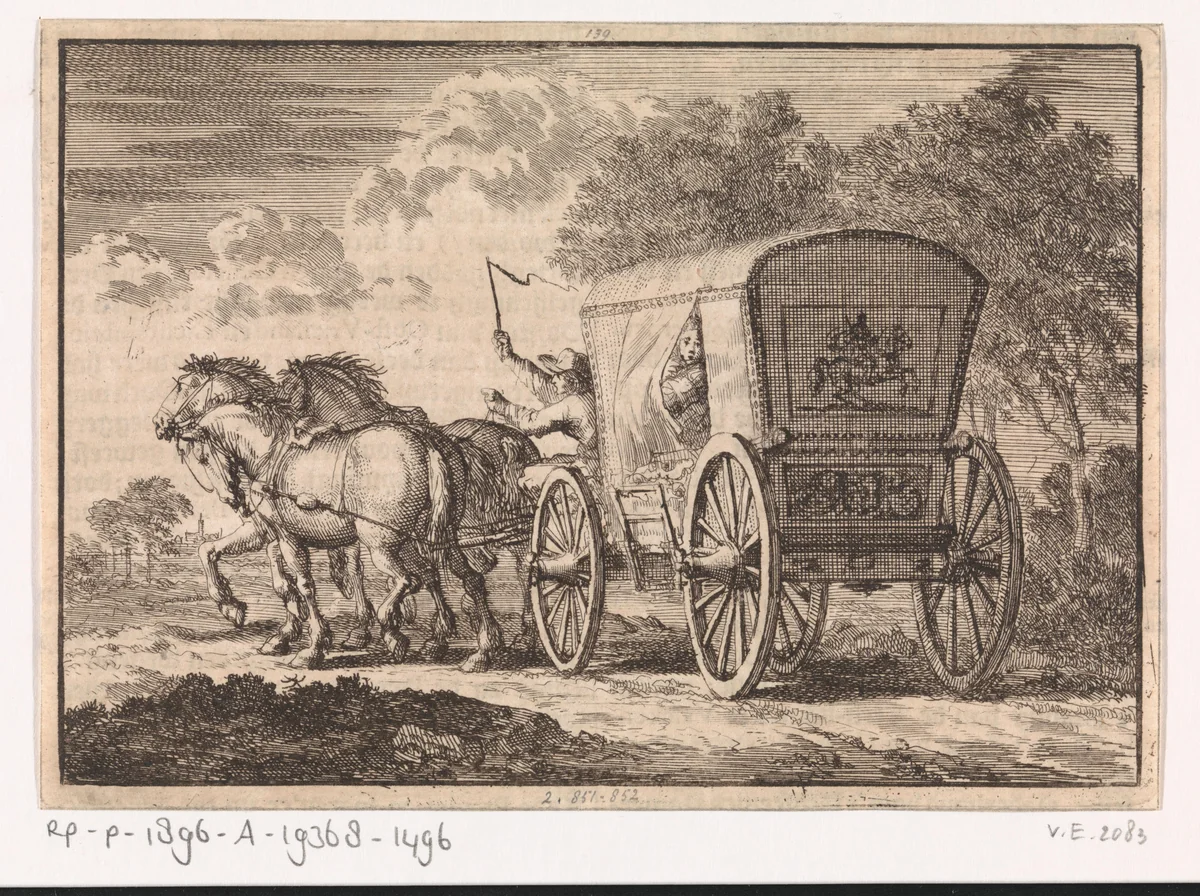 De in Den Haag door Johan Diederik de Mortaigne geschaakte Catharina van Orliens wordt per rijtuig naar Kuilenburg (Culemborg) gebracht, 1664 by Jan Luyken, print, 1698