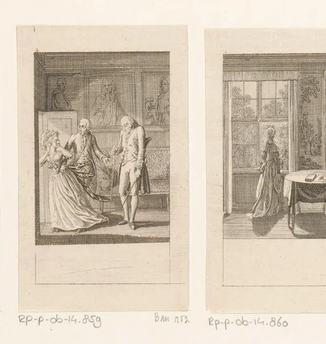 Caroline schrikt van haar toekomstige echtgenoot by Daniel Nikolaus Chodowiecki, print, 1786