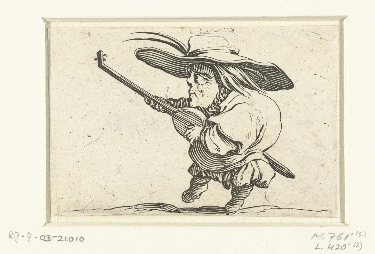 Kleine mens (karikatuur) met luit en zwaard by Jacques Callot, print, 1621-1625