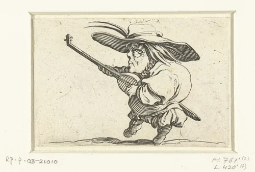 Kleine mens (karikatuur) met luit en zwaard by Jacques Callot, print, 1621-1625