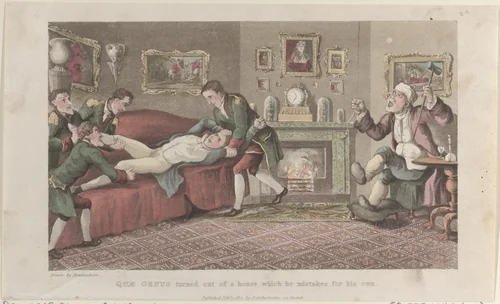 Quae Genus Turned out of a House Which He Mistakes for His Own by Thomas Rowlandson, print, 1822