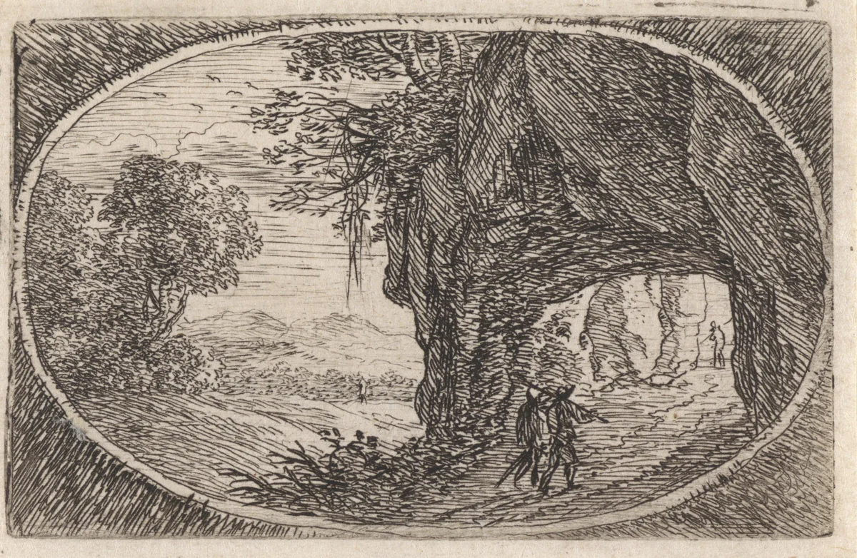 Landschap met een pad door een rots by Herman van Swanevelt, print, 1650-1655