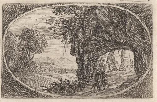 Landschap met een pad door een rots by Herman van Swanevelt, print, 1650-1655
