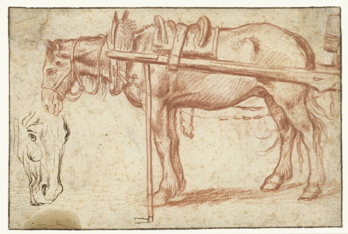 Paard voor een kar en een paardenhoofd by Jan Brueghel, drawing, 1578-1625