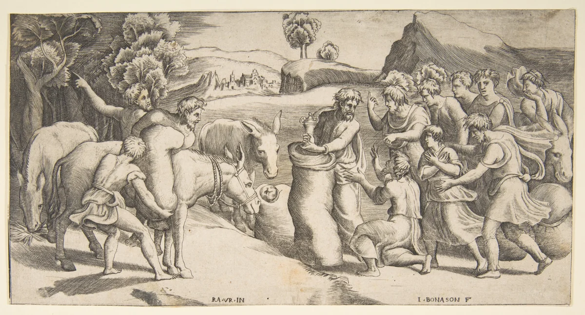 Joseph's cup being discovered in Benjamin's sack of grain by Giulio Bonasone, print, 1531-1576