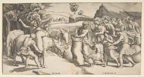 Joseph's cup being discovered in Benjamin's sack of grain by Giulio Bonasone, print, 1531-1576