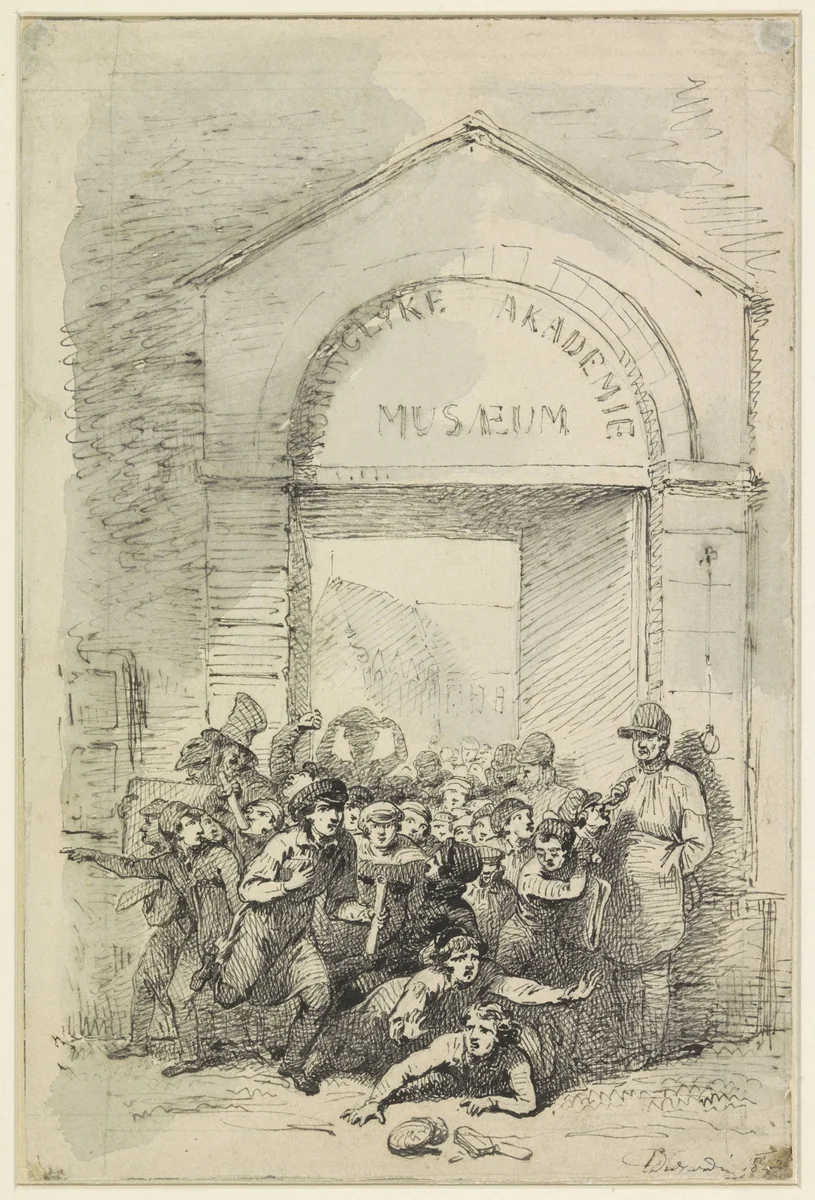 Leerlingen verdringen elkaar bij de opening van het Museum van de Koninklijke Academie by Edouard Dujardin, drawing, 1842