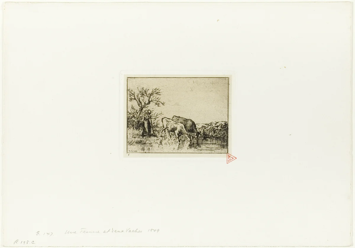 Woman Tending Two Cows by Charles-Émile Jacque, print, 1848