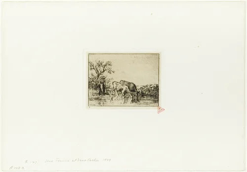 Woman Tending Two Cows by Charles-Émile Jacque, print, 1848
