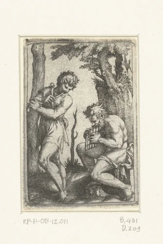 Jonge herder met schalmei en oude herder met panfluit by Unknown, print, 1510-1527