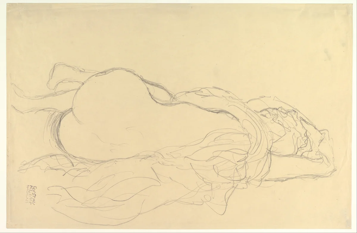 Reclining Nude with Drapery, Back View by Gustav Klimt, drawing, 1917-1918