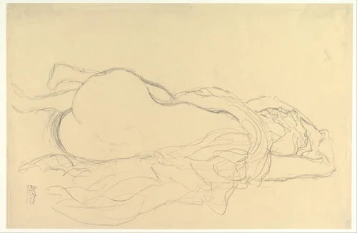 Reclining Nude with Drapery, Back View by Gustav Klimt, drawing, 1917-1918