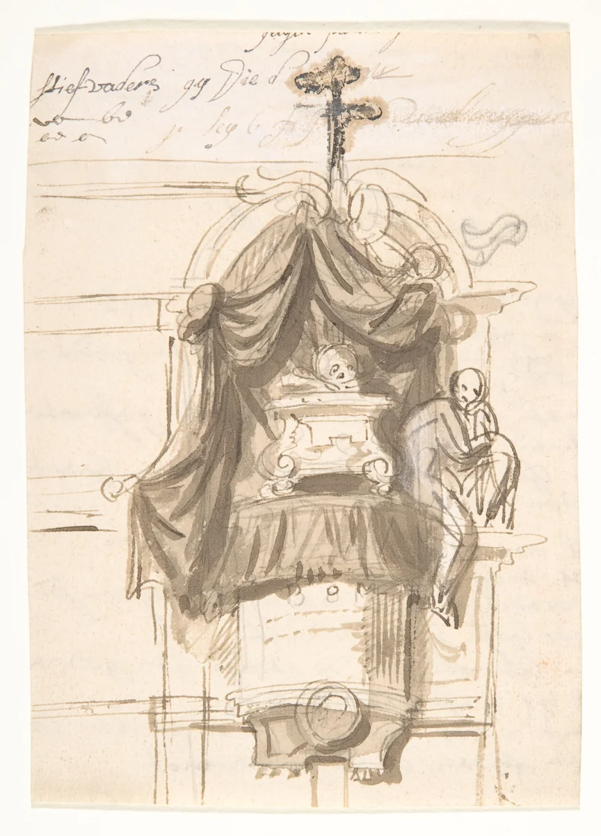 Design for a sepulchral monument in the form of a pulpit (recto); Fragment of a text (verso) by Pieter Verbruggen, drawing, 1686-1724