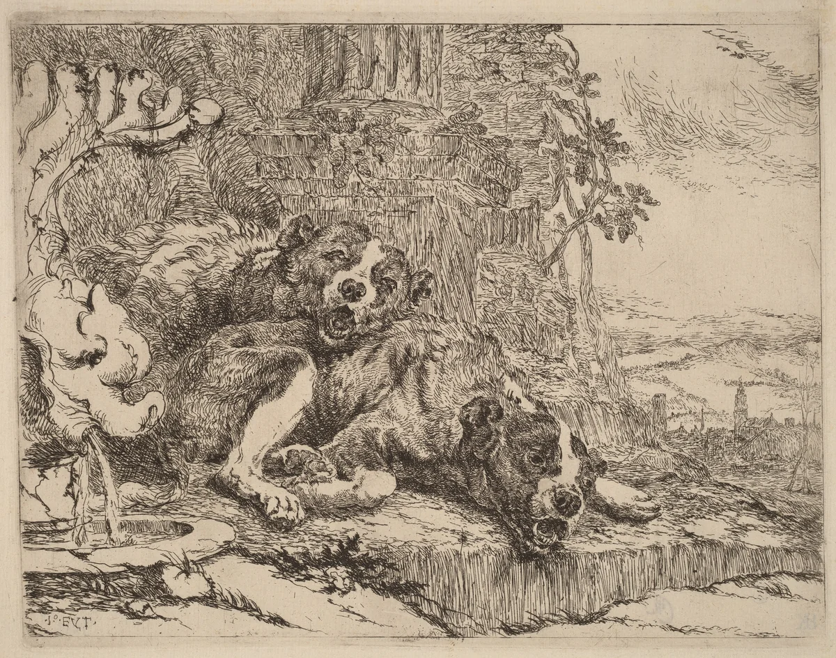 Two Mastiffs beside a Fountain by Jan Fyt, print, 1642