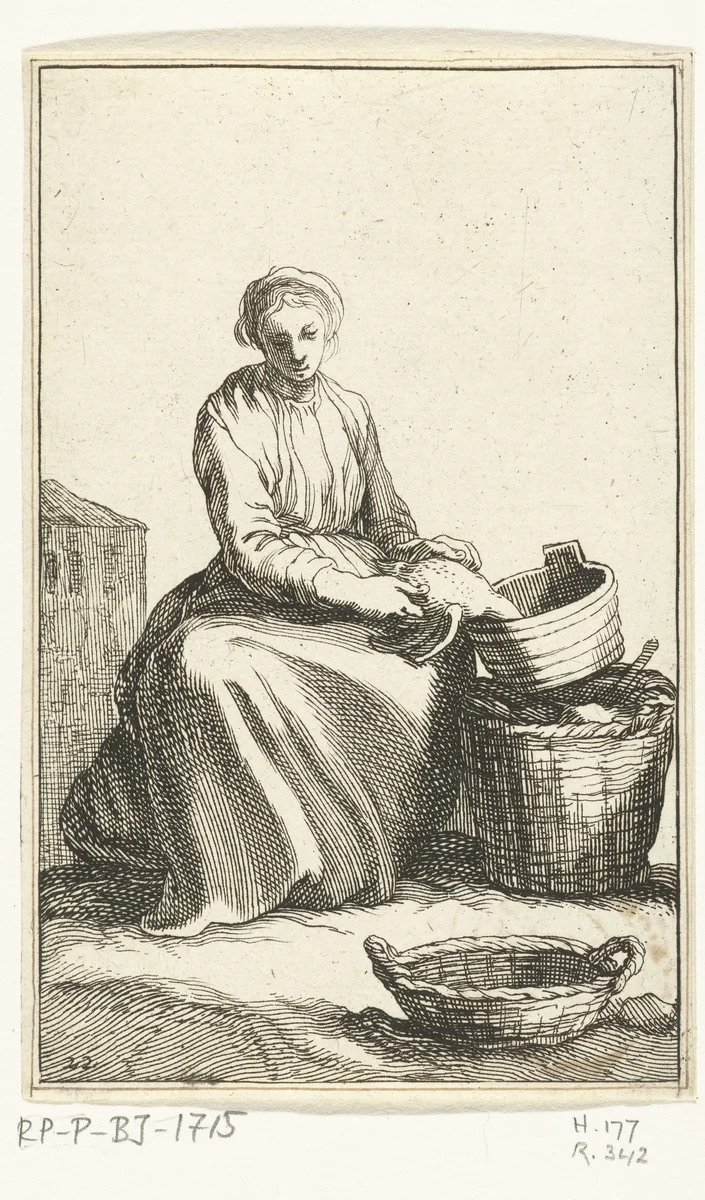 Jonge vrouw die een kip plukt by Frederick Bloemaert, print, 1635-1669