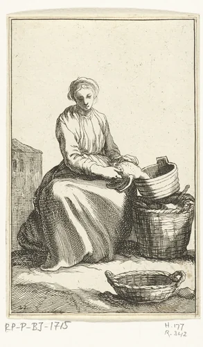 Jonge vrouw die een kip plukt by Frederick Bloemaert, print, 1635-1669