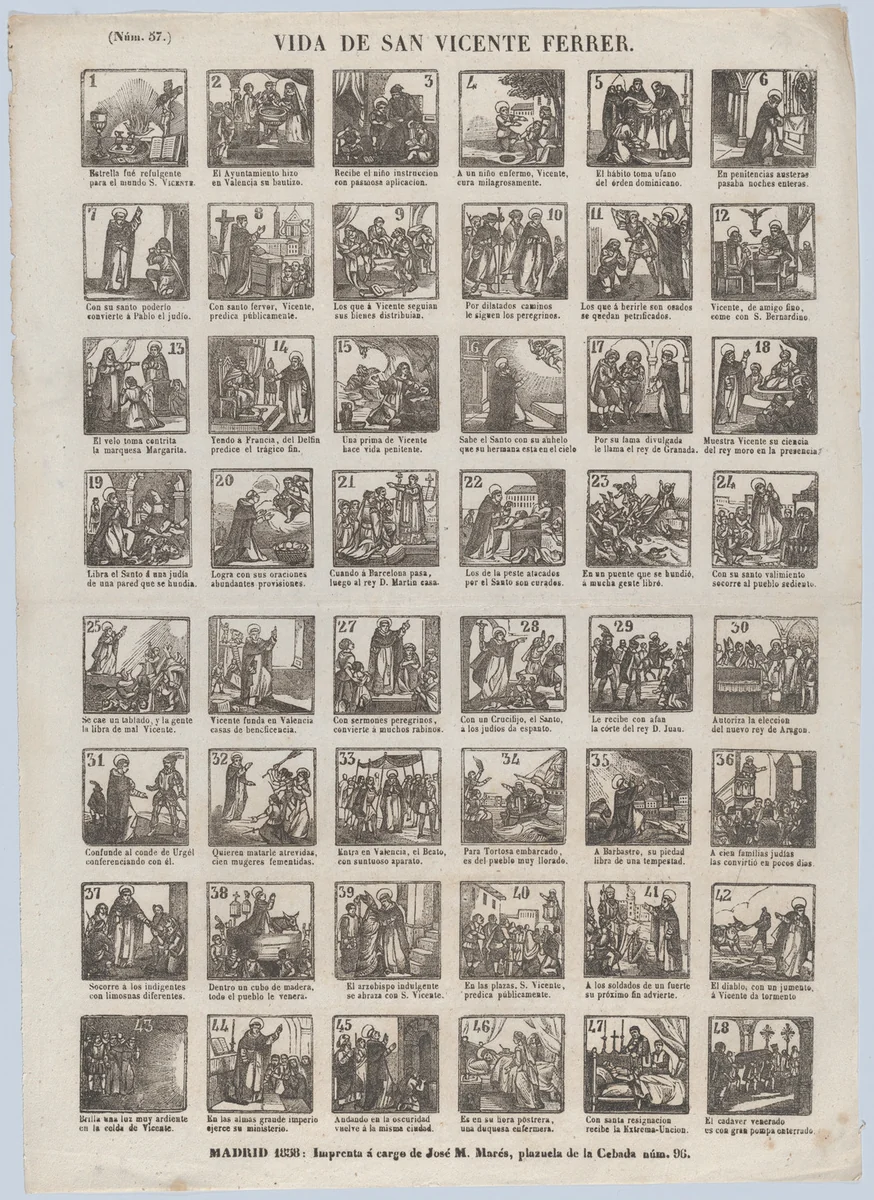 Broadside with 48 scenes relating to the life of St Vincent Ferrer by José María Marés, print, 1858
