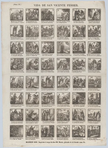 Broadside with 48 scenes relating to the life of St Vincent Ferrer by José María Marés, print, 1858