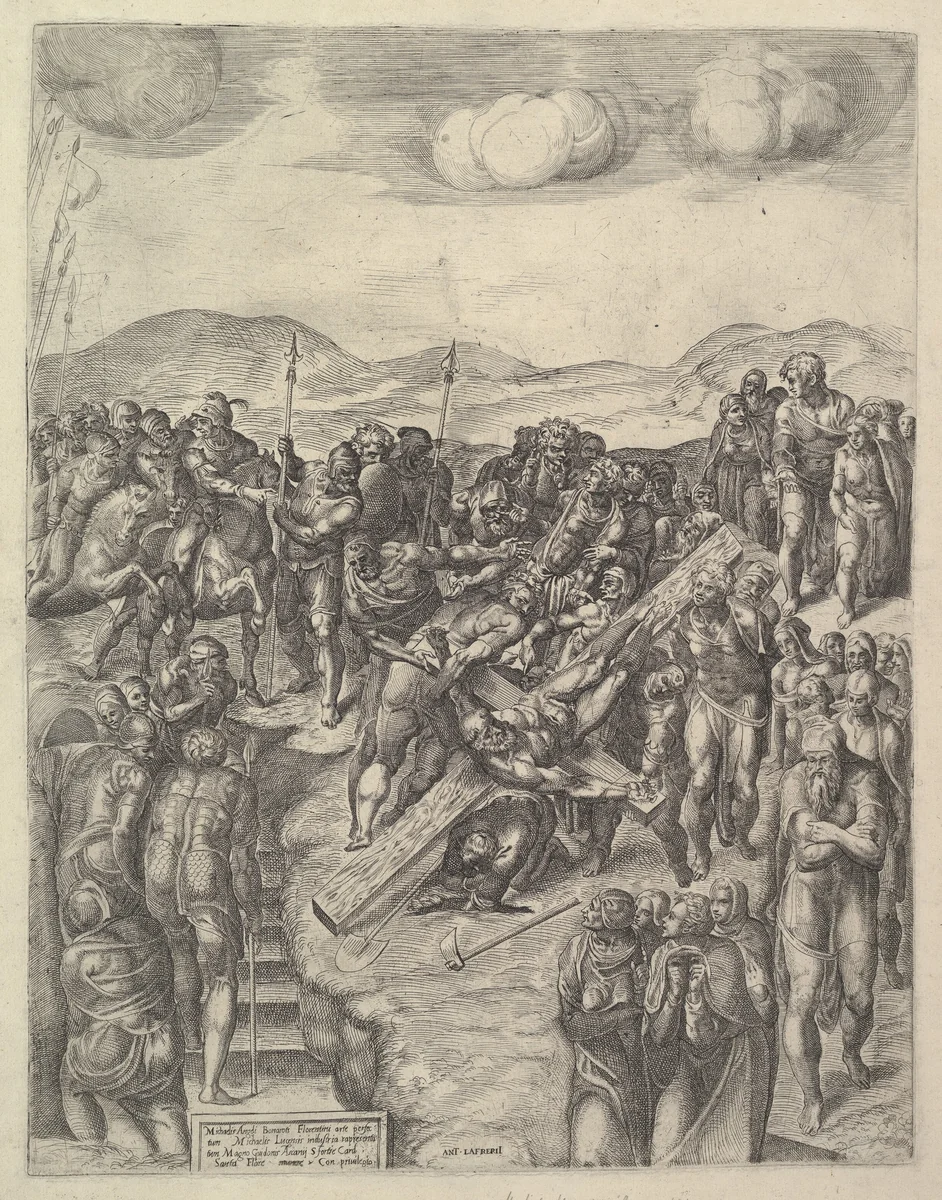 The Crucifixion of Saint Peter, after Michelangelo's frescoes in the Pauline Chapel, Vatican Palace by Michele Lucchese, print, 1550-1560