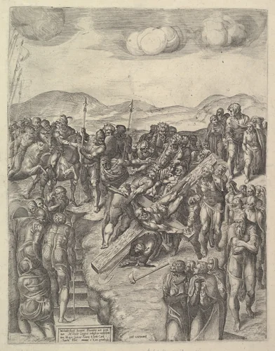 The Crucifixion of Saint Peter, after Michelangelo's frescoes in the Pauline Chapel, Vatican Palace by Michele Lucchese, print, 1550-1560