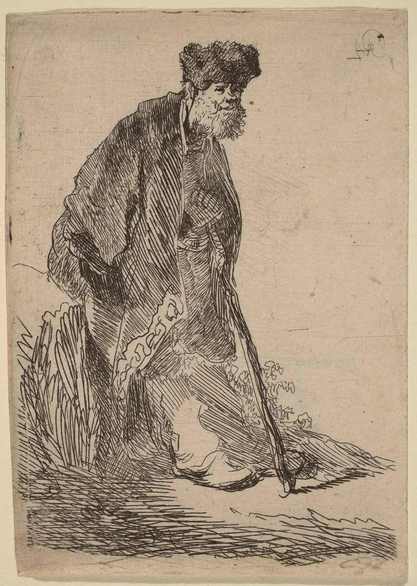 Man in a Coat and Fur Cap Leaning against a Bank by Rembrandt van Rijn, print, 1630