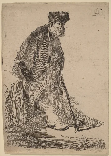 Man in a Coat and Fur Cap Leaning against a Bank by Rembrandt van Rijn, print, 1630