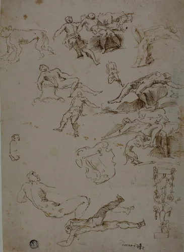 Sketches of Male Nudes, Animals, and Ornamental Details by Polidoro Caldara, drawing, 1580-1599