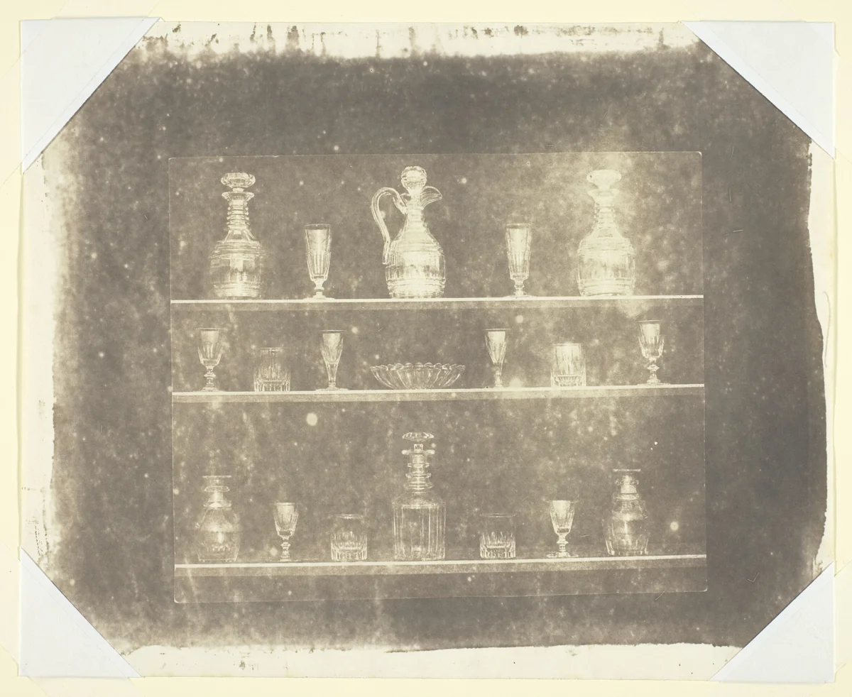 Articles of Glass on Three Shelves by William Henry Fox Talbot, photograph, 1839-1844