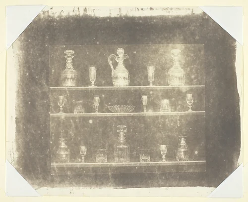 Articles of Glass on Three Shelves by William Henry Fox Talbot, photograph, 1839-1844